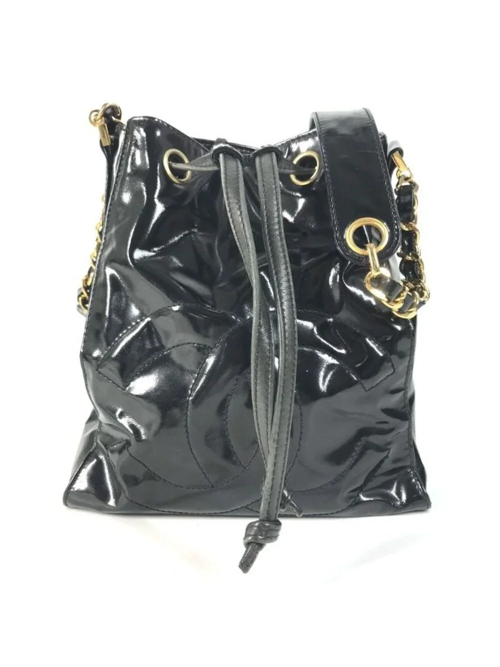 Chanel Shoulder Bag Drawstring CC Logo Enamel Black
